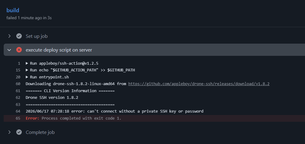 错误信息是 `error: can't connect without a private SSH key or password`